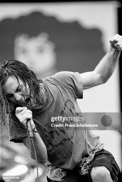 Pearl Jam singer Eddie Vedder performs during Pinkpop festival on June 28th 1992 at Landgraaf, the Netherlands.