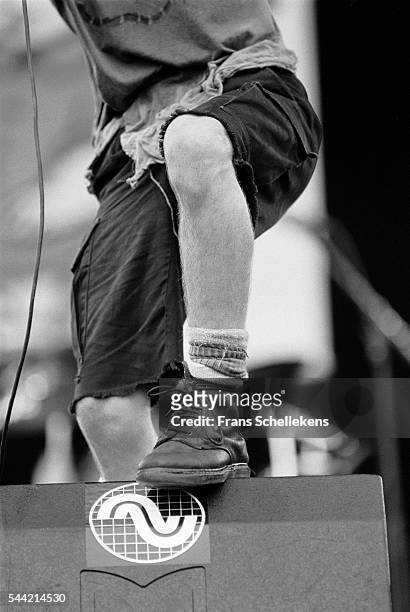 Pearl Jam singer Eddie Vedder performs during Pinkpop festival on June 28th 1992 at Landgraaf, the Netherlands.