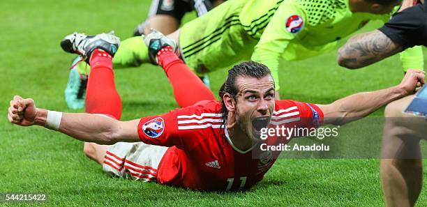 Gareth Bale of Wales celebrates the victory following the UEFA Euro 2016 quarter final match between Wales and Belgium at Stade Pierre-Mauroy on July...