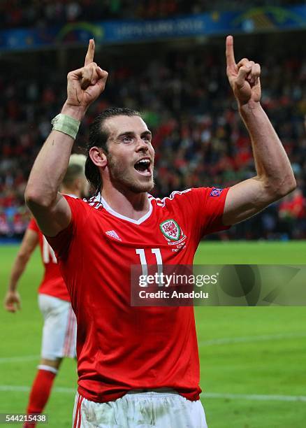 Gareth Bale of Wales celebrates the victory following the UEFA Euro 2016 quarter final match between Wales and Belgium at Stade Pierre-Mauroy on July...