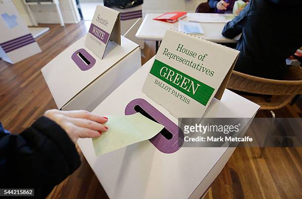 Voter places a ballot paper in a ballot box at Bondi Surf Bathers' Life Saving Club in the electorate of Wentworth on July 2, 2016 in Sydney,...