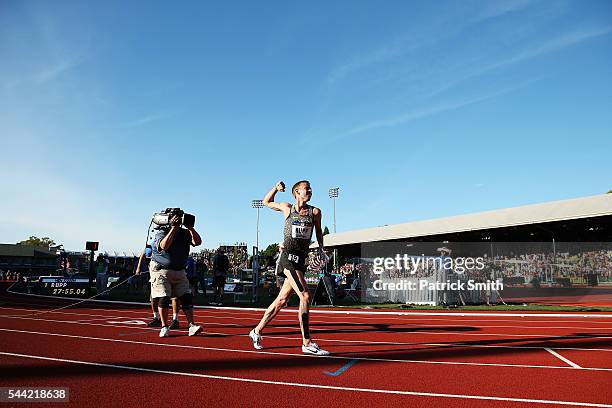 Galen Rupp celebrates after winning the Men's 10000 Meter Final during the 2016 U.S. Olympic Track & Field Team Trials at Hayward Field on July 1,...