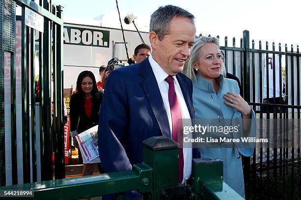 Opposition Leader, Australian Labor Party Bill Shorten and wife Chloe Shorten speaks visit to a polling booth at Colyton on July 2, 2016 in Sydney,...