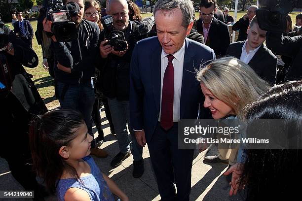 Opposition Leader, Australian Labor Party Bill Shorten and wife Chloe Shorten speaks visit to a polling booth at Colyton on July 2, 2016 in Sydney,...
