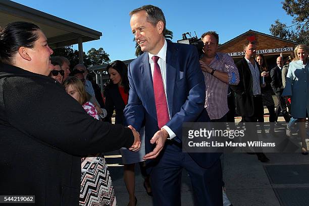 Opposition Leader, Australian Labor Party Bill Shorten and wife Chloe Shorten visit a polling booth at Colyton on July 2, 2016 in Sydney, Australia....
