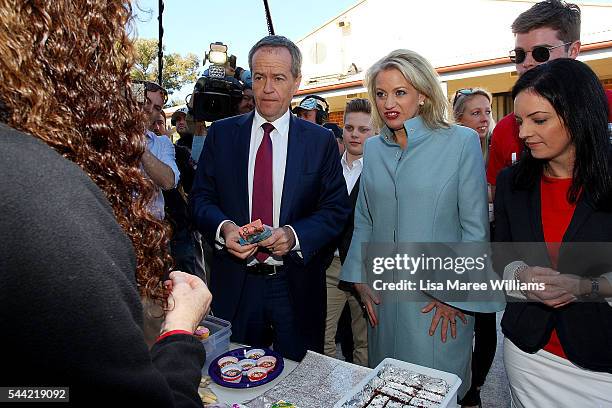Opposition Leader, Australian Labor Party Bill Shorten and wife Chloe Shorten speaks visit to a polling booth at Colyton on July 2, 2016 in Sydney,...