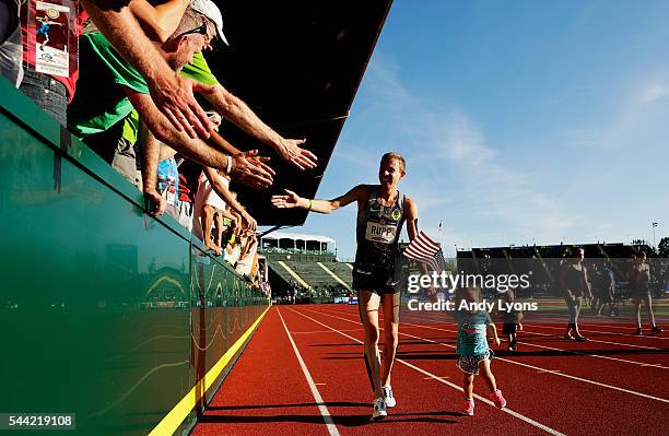 Galen Rupp celebrates after winning the Men's 10000 Meter Final during the 2016 U.S. Olympic Track & Field Team Trials at Hayward Field on July 1,...