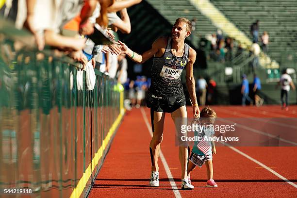 Galen Rupp celebrates after winning the Men's 10000 Meter Final during the 2016 U.S. Olympic Track & Field Team Trials at Hayward Field on July 1,...
