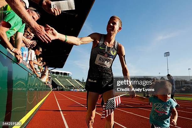 Galen Rupp celebrates after winning the Men's 10000 Meter Final during the 2016 U.S. Olympic Track & Field Team Trials at Hayward Field on July 1,...