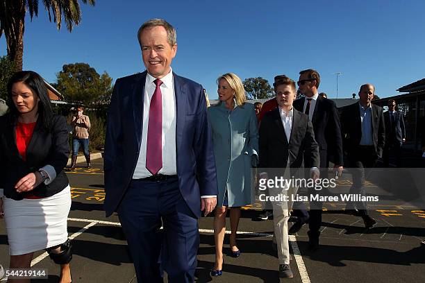 Opposition Leader, Australian Labor Party Bill Shorten, wife Chloe Shorten and Rupert visit a polling booth at Colyton on July 2, 2016 in Sydney,...