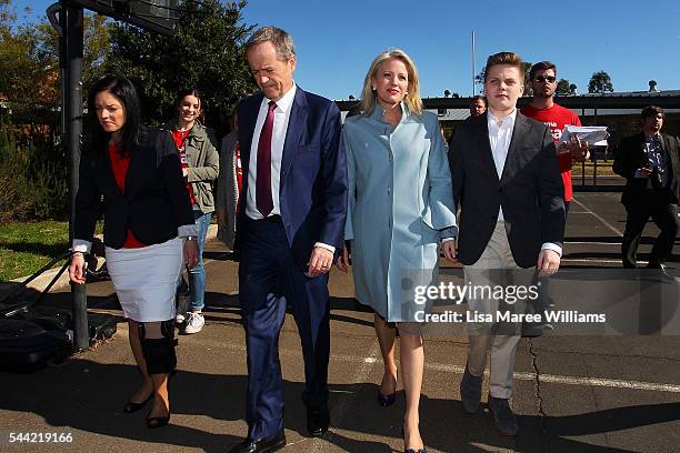 Opposition Leader, Australian Labor Party Bill Shorten, wife Chloe Shorten and Rupert visit a polling booth at Colyton on July 2, 2016 in Sydney,...