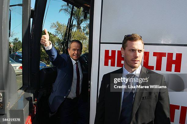 Opposition Leader, Australian Labor Party Bill Shorten gives a 'thumbs up' following a visit to a polling booth at Colyton on July 2, 2016 in Sydney,...