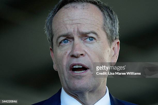Opposition Leader, Australian Labor Party Bill Shorten speaks with the media during a visit to a polling booth at Colyton on July 2, 2016 in Sydney,...
