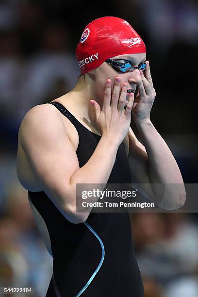 Katie Ledecky of the United States prepares to compete in a final heat for the Women's 100 Meter Freestyle during Day Six of the 2016 U.S. Olympic...