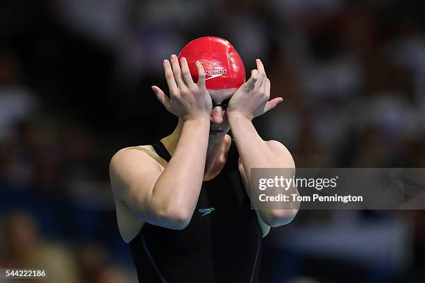 Katie Ledecky of the United States prepares to compete in a final heat for the Women's 100 Meter Freestyle during Day Six of the 2016 U.S. Olympic...