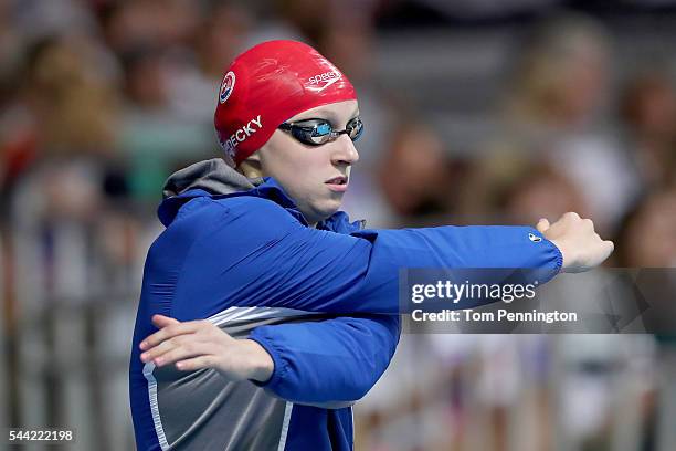 Katie Ledecky of the United States prepares to compete in a final heat for the Women's 100 Meter Freestyle during Day Six of the 2016 U.S. Olympic...