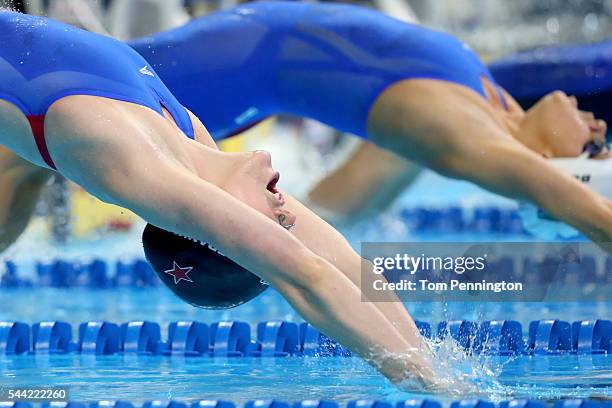 Missy Franklin of the United States dives in to compete in a semi-final heat for the Women's 200 Meter Backstroke during Day Six of the 2016 U.S....