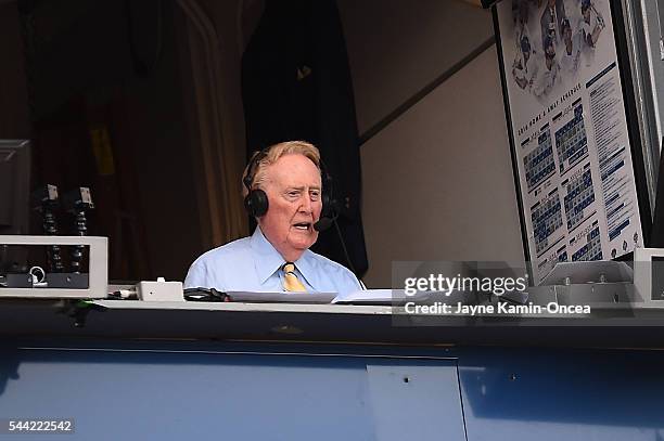 Los Angeles Dodgers broadcaster Vin Scully announces the game against the Colorado Rockies at Dodger Stadium on July 1, 2016 in Los Angeles,...