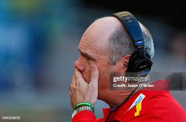 Suns coach Rodney Eade during the round 15 AFL match between the Gold Coast Suns and the St Kilda Saints at Metricon Stadium on July 2, 2016 in Gold...