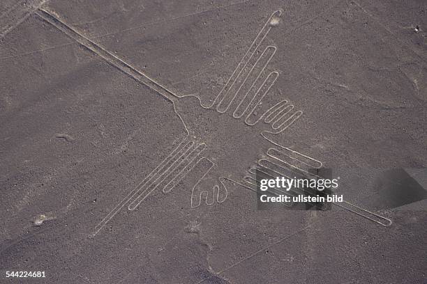 Peru, Nasca: Geoglyphe in der Wueste von Nasca, einen Kolibri darstellend.