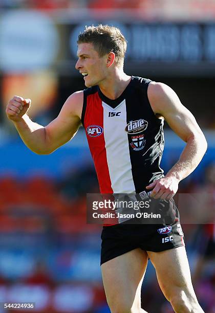 Jack Newnes of the saints celebrates a goal during the round 15 AFL match between the Gold Coast Suns and the St Kilda Saints at Metricon Stadium on...