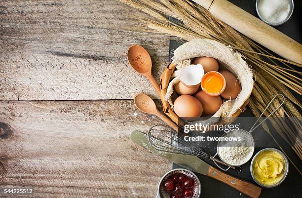 flat lay bakery utensils and ingredient on rustic wooden background. - wheat flour stock pictures, royalty-free photos & images