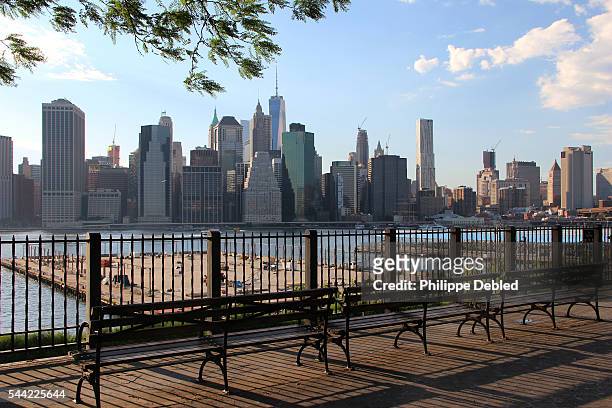 usa, new york city, brooklyn, view of lower manhattan skyline from the brooklyn heights promenade - brooklyn heights stock pictures, royalty-free photos & images
