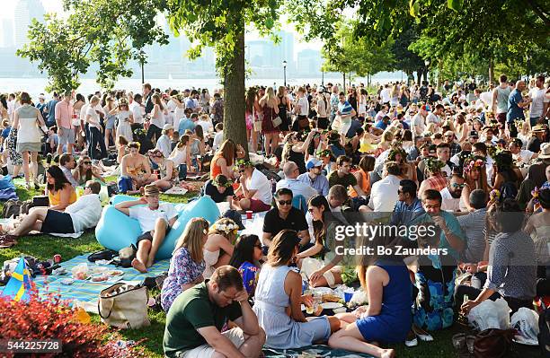 swedish picnic in battery park - summer solstice soiree stock pictures, royalty-free photos & images