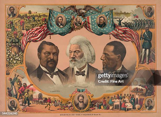 Color lithograph with portraits of Blanche Kelso Bruce, Frederick Douglass, and Hiram Revels. 1881. J. Hoover.