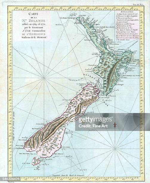 French copy of Cook's first map of New Zealand, showing the route of the Endeavour around the islands from October 6 to April 1, 1770. ?Carte de la...