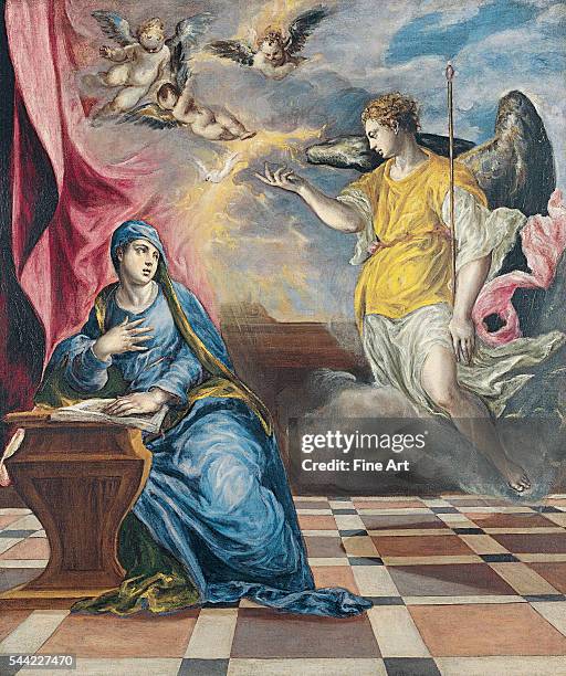 Domenikos Theokopoulos known as El Greco , The Annunciation, circa 1576. Oil on canvas, 98 x 117 cm . Museo Thyssen-Bornemisza, Madrid, Spain.