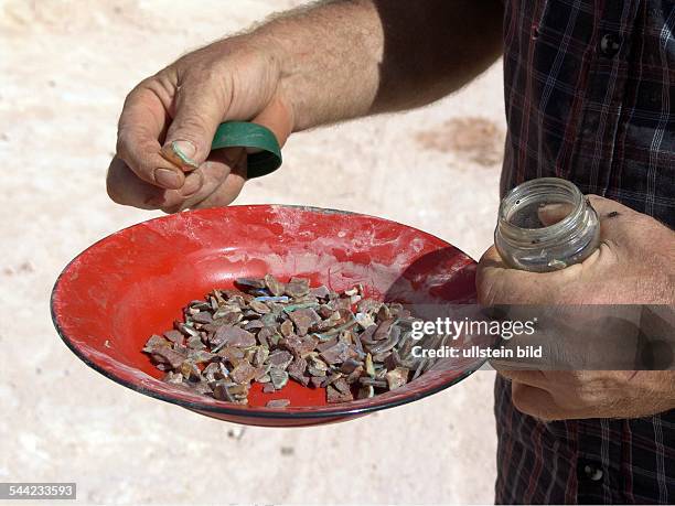 Australien, South Australia, Coober Pedy - Schatzsucher und Bergbauer Don praesentiert Opale aus der hauseigenen Mine, Crocodile`s Nest