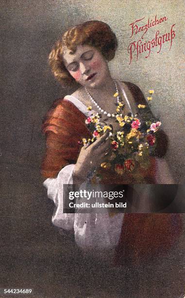 Pfingstkarte "Herzlicher Pfingstgruss" von 1919 : Dame mit Blumenstrauss- 1919