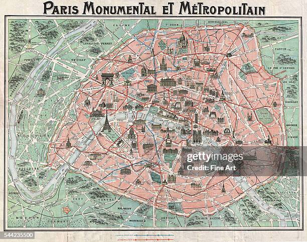 "Paris Monumental et Metropolitain," a 1932 tourist map of Paris with all major monuments and the train and metro lines shown. Print.