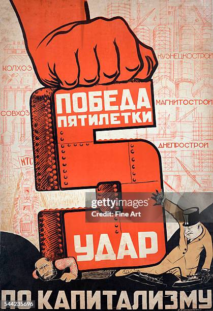 Soviet propaganda poster by N.V. Tsivchinskii titled "The Victory of the Five Year Plan is a Strike Against Capitalism," showing a large red number 5...