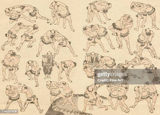 Sketch of sumo wrestlers showing many different holds, from The Hokusai Manga , a collection of woodblock print sketches in three colors numbering in...