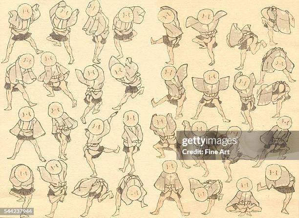 Sketch of men dancing from The Hokusai Manga , a collection of woodblock print sketches in three colors numbering in the thousands and published by...