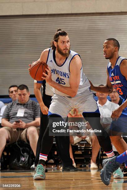 Jordan Bachynski of Detroit Pistons handles the ball against the New York Knicks on July 2, 2016 at the Amway Center in Orlando, Florida. NOTE TO...