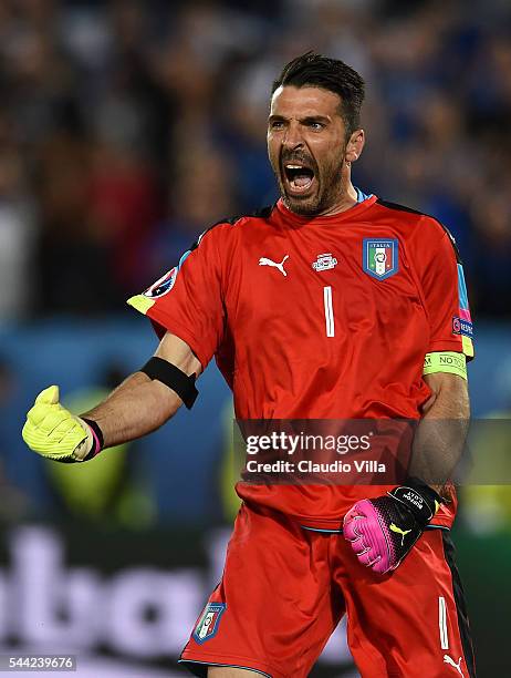 Gianluigi Buffon of Italy celebrates after his saves the penalty by Thomas Mueller of Germany at the penalty shootout during the UEFA EURO 2016...