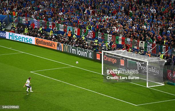 Bastian Schweinsteiger of Germany misses at the penalty shootout during the UEFA EURO 2016 quarter final match between Germany and Italy at Stade...