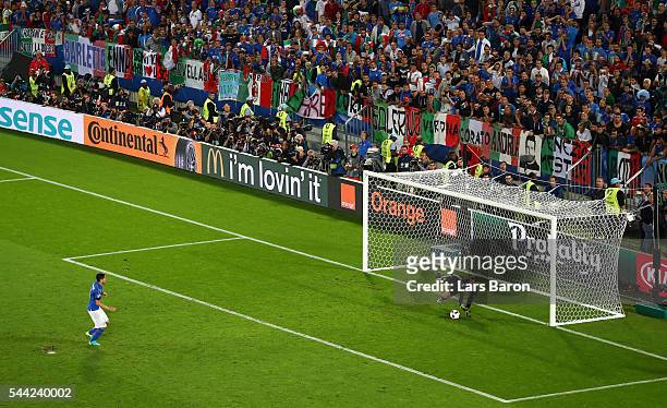 Manuel Neuer of Germany saves the penalty by Matteo Darmian of Italy at the penalty shootout during the UEFA EURO 2016 quarter final match between...