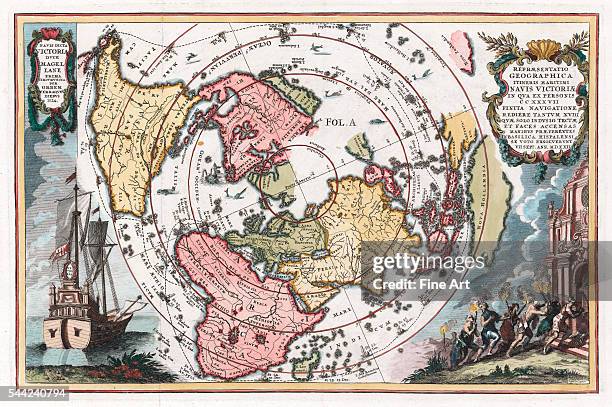 Heinrich Scherer , magellanic world map entitled "Representatio Geographica Itineris Maritimi Navis Victoriae...," using north polar projection and...