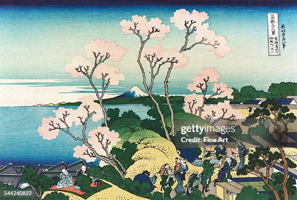 Goten-yama Hill, at Shinagawa on the Tokaido , from the ukiyo-e series "36 Views of Mt. Fuji." Color woodblock print. Circa 1830. Private collection.