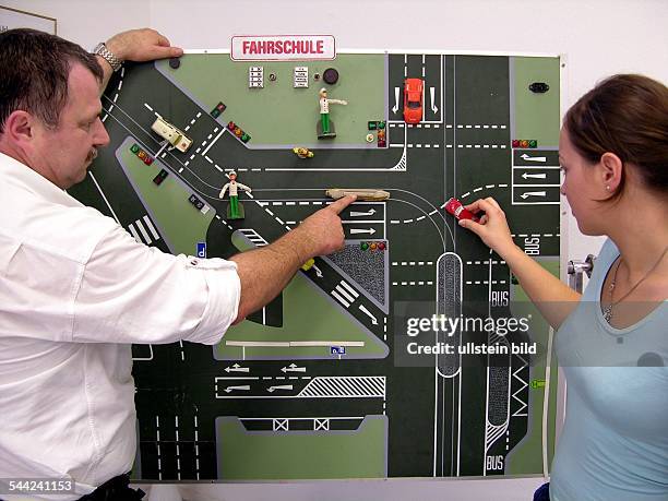 Fahrschule, theoretischer Unterricht: Fahrlehrer erklaert die Regeln an einer Kreuzung auf einer Tafel- 2005