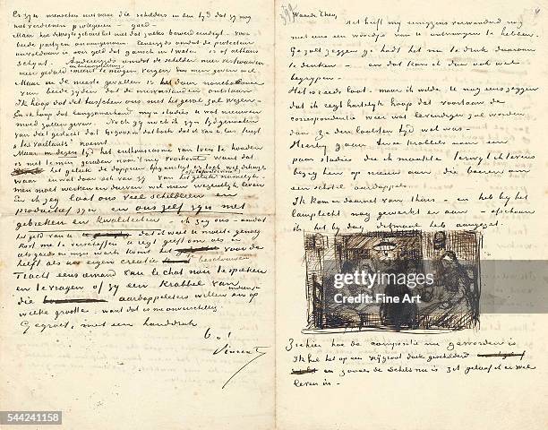 Letter from Vincent van Gogh to his brother Theo, dated Thursday, April 30 showing an ink drawing for his painting The Potato Eaters. Brown ink on...