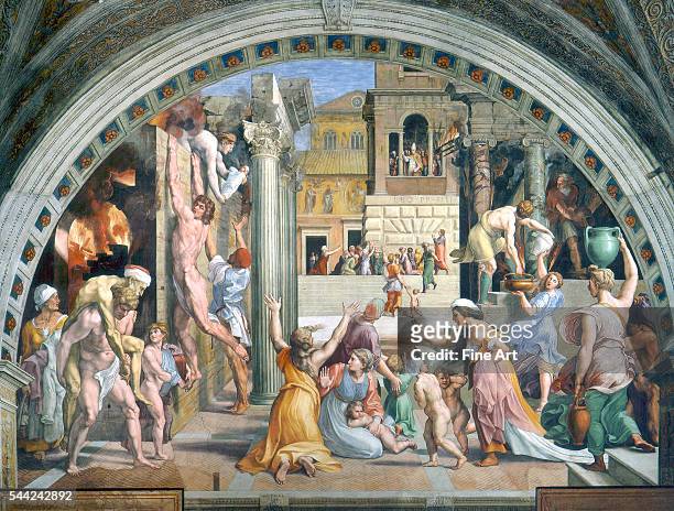 Room of the Fire in the Borgo, one of the four Stanze di Raffaello , Vatican Palace, Rome. Fresco, 1508/9-1520.