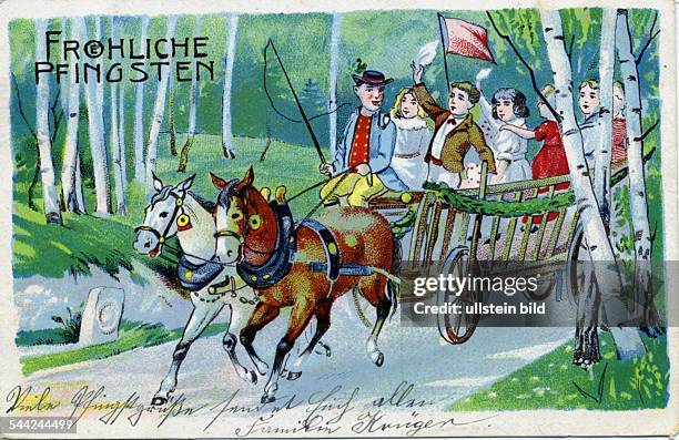 Pfingstkarte "Fröhliche Pfingsten" von ca.1908: Pfingstausflug auf einem Pferdewagen- 1908