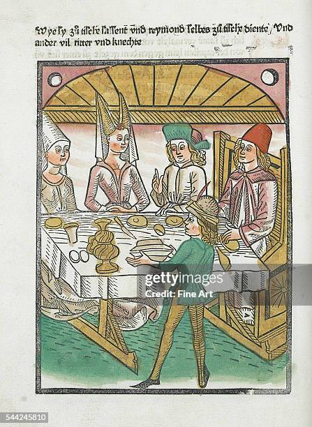 Illustration of the lady Melusine hosting a fine meal, from a German version of the medieval French romance ‘Le Roman de Melusine' by the court...