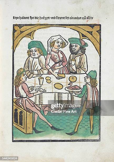 Illustration of Melusine hosting a meal at court, from a German version of the medieval French romance ‘Le Roman de Melusine' by the court writer...