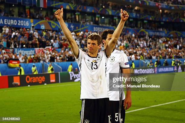 Thomas Muller of Germany celebrates the victory during the UEFA Euro 2016 Quater Final between Germany and Italy at Stade Matmut Atlantique on July...